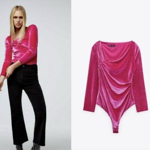 Velvet Fushia Pink Bodysuit | Cinched sides and one shoulder |Zara|Womens size M